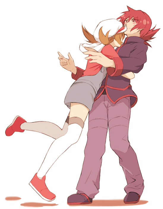 1boy, 1girl, blush, brown_hair, closed_mouth, commentary_request, hat, hug, jacket, long_sleeves, lyra_(pokemon), overalls, pants, pokemon, pokemon_(game), pokemon_hgss, red_eyes, red_footwear, redhead, sanada_haiji, shoes, silver_(pokemon), standing, thigh-highs, white_headwear, white_legwear