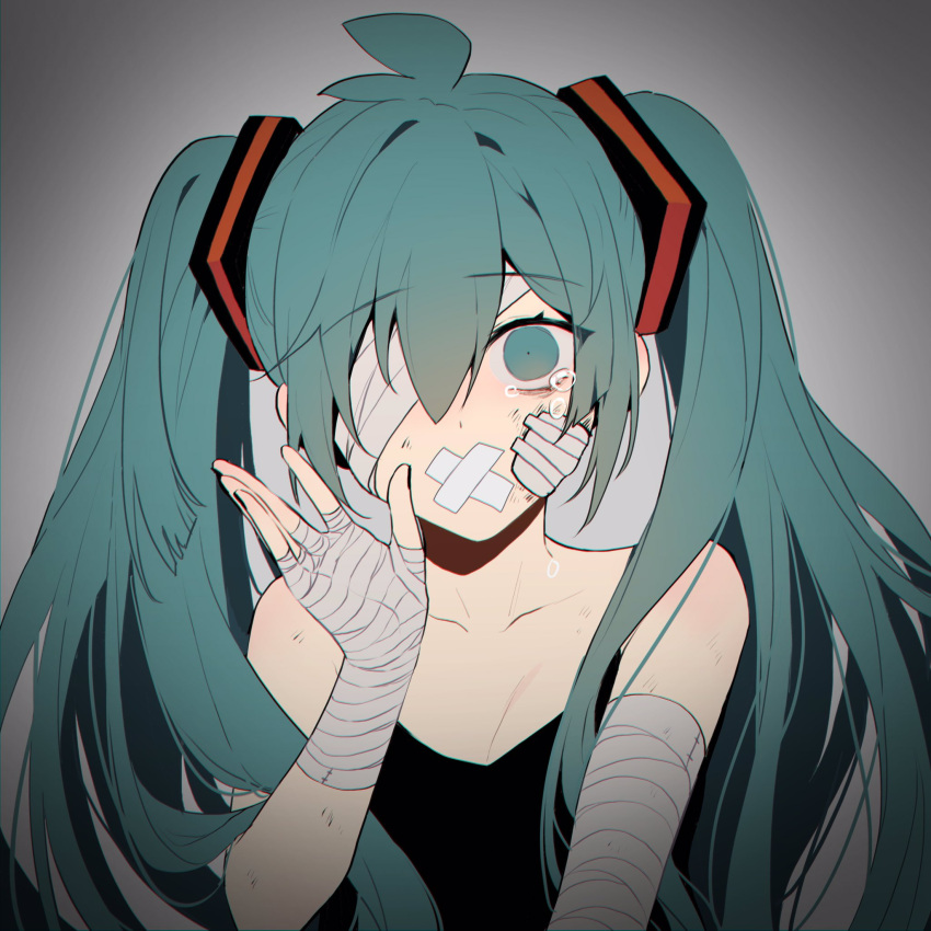 1girl, ahoge, alternate_costume, bandage_on_face, bandage_over_one_eye, bandaged_arm, bandaged_hand, bandaged_head