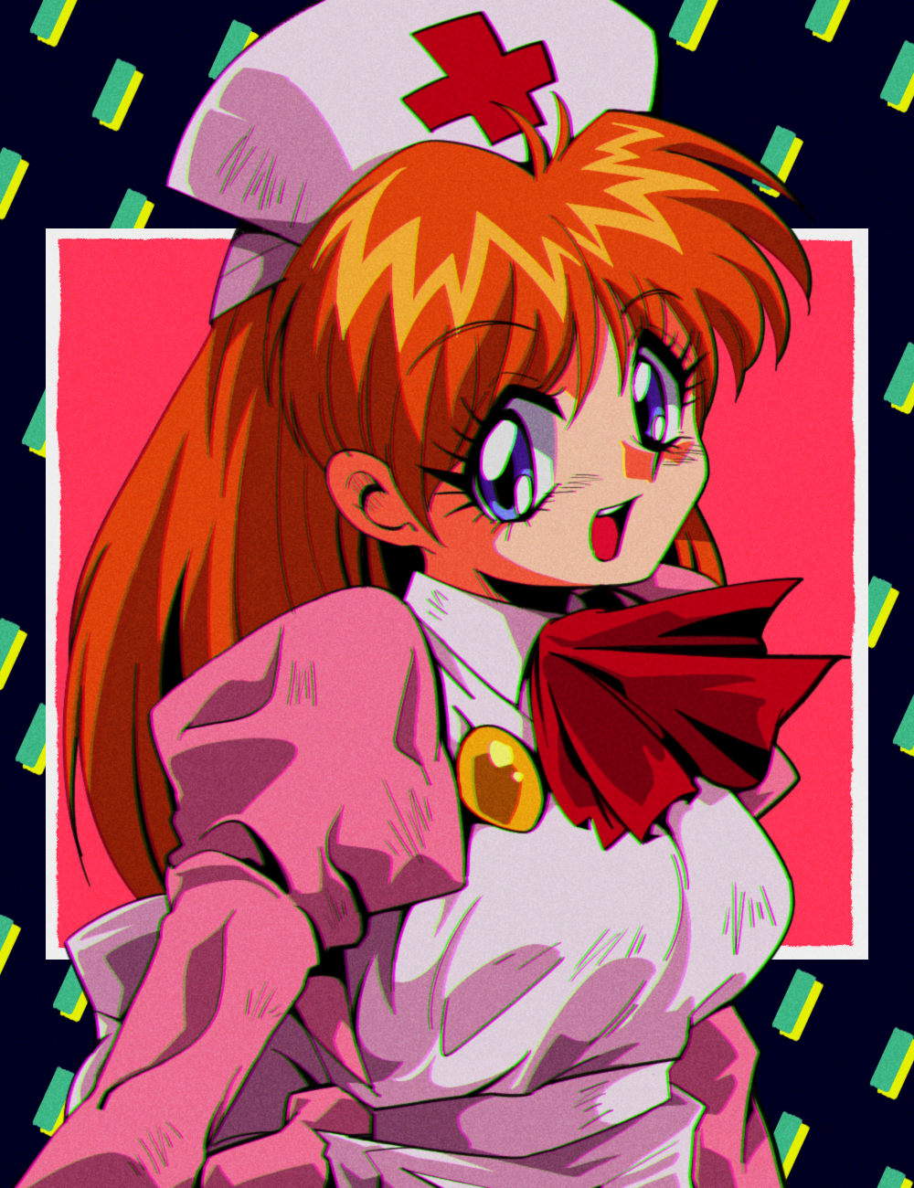 1990s_(style), 1girl, araizumi_rui_(style), blue_eyes, chromatic_aberration, highres, ling_ling, looking_down