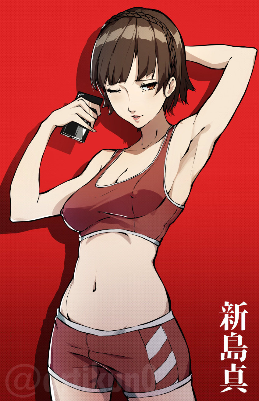 1girl, absurdres, armpits, artist_name, bike_shorts, breasts, brown_hair, cellphone, highres, kuno_(runkunochan), midriff, niijima_makoto, persona, persona_5, phone, red_background, red_eyes, short_hair, shorts, signature, simple_background, small_breasts, smile, solo, sports_bra, tank_top, twitter_username