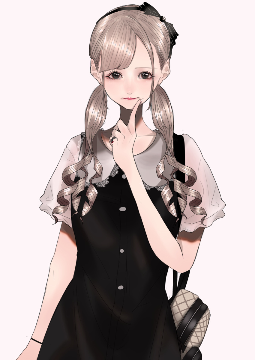 1girl, absurdres, beige_background, black_bow, black_eyes, blonde_hair, bow, finger_to_chin