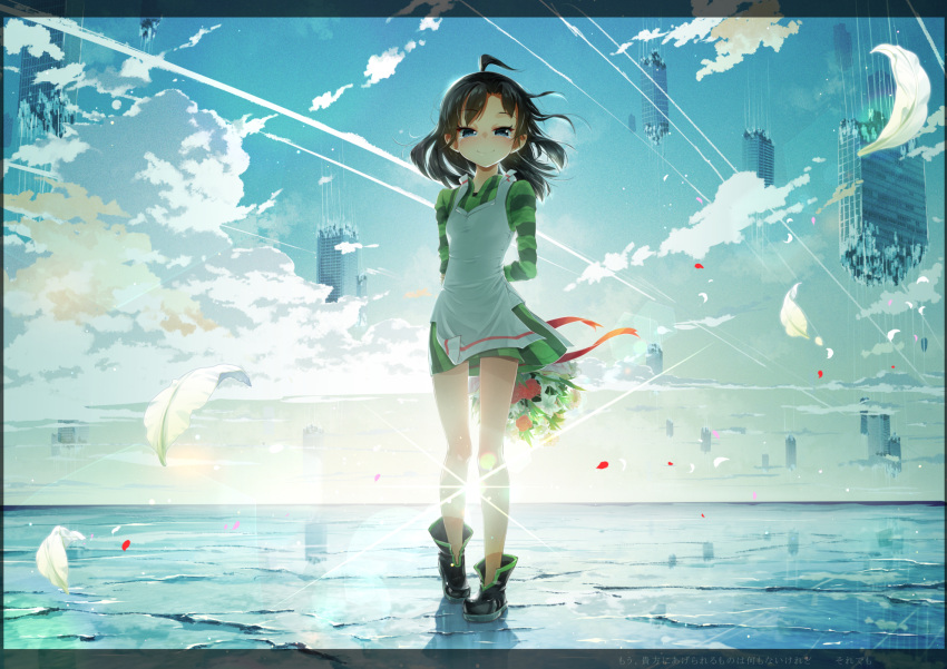 1girl, ahoge, apron, arms_behind_back, backlighting, bangs, black_border, black_footwear