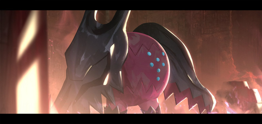 aqua_eyes, blurry, commentary_request, energy, gen_8_pokemon, legendary_pokemon, letterboxed, no_humans, otsumami_(bu-bu-heaven), pokemon, pokemon_(creature), regidrago, ruins, solo, standing