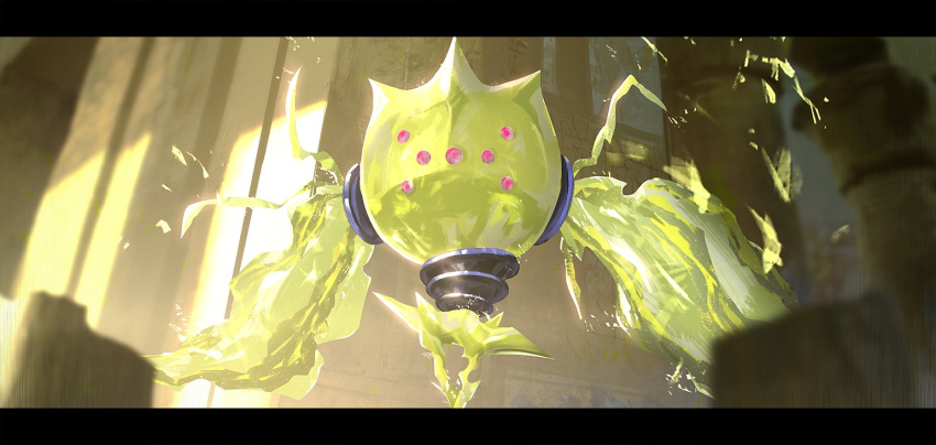 blurry, commentary_request, from_above, gen_8_pokemon, legendary_pokemon, letterboxed, looking_at_viewer, no_humans