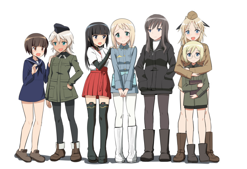 507th_joint_fighter_wing, 6+girls, anabuki_tomoko, bangs, black_eyes, black_footwear, black_hair, black_headwear