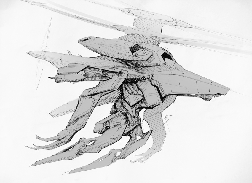 a_motorcycle_with_teeth, aircraft, english_commentary, flying, grey_background, helicopter, looking_ahead, mecha