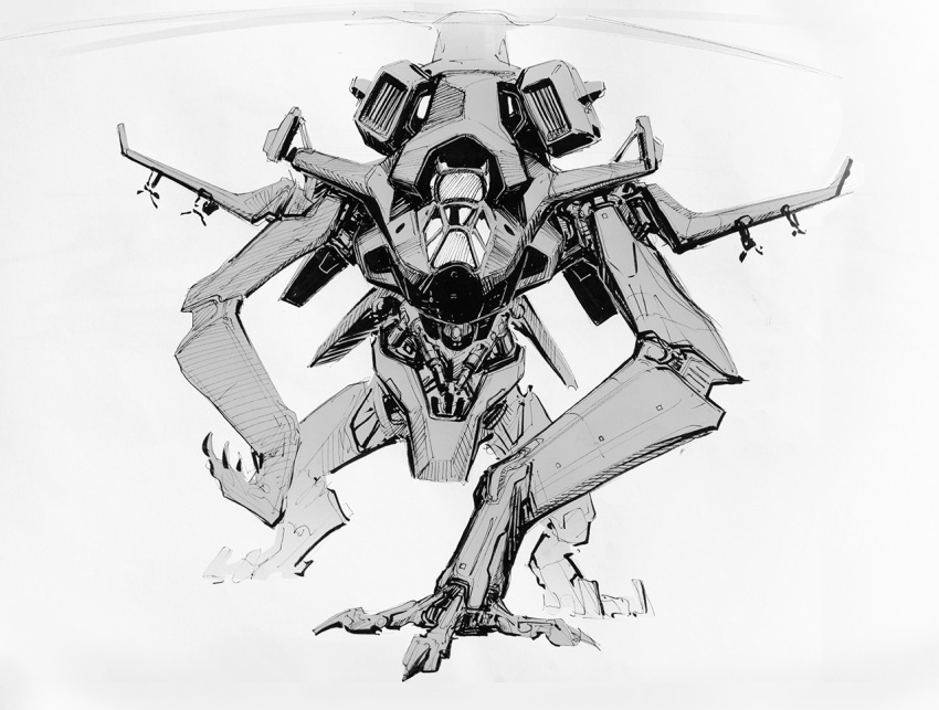 a_motorcycle_with_teeth, aircraft, english_commentary, grey_background, helicopter, looking_at_viewer, mecha, monochrome