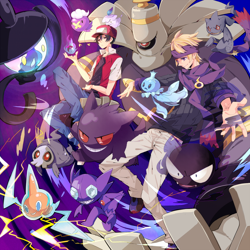 2boys, banette, baseball_cap, black_hair, black_sweater, blonde_hair, commentary_request, drifloon