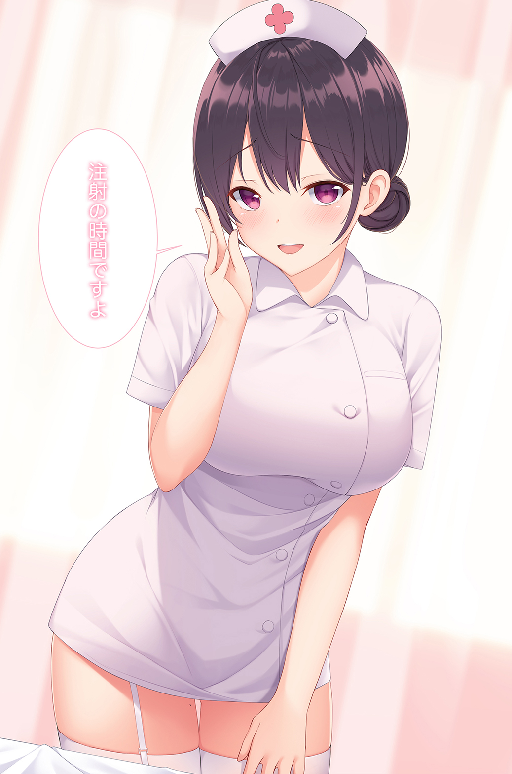 1girl, bangs, black_hair, blush, breasts, buttons, collared_dress, commentary_request