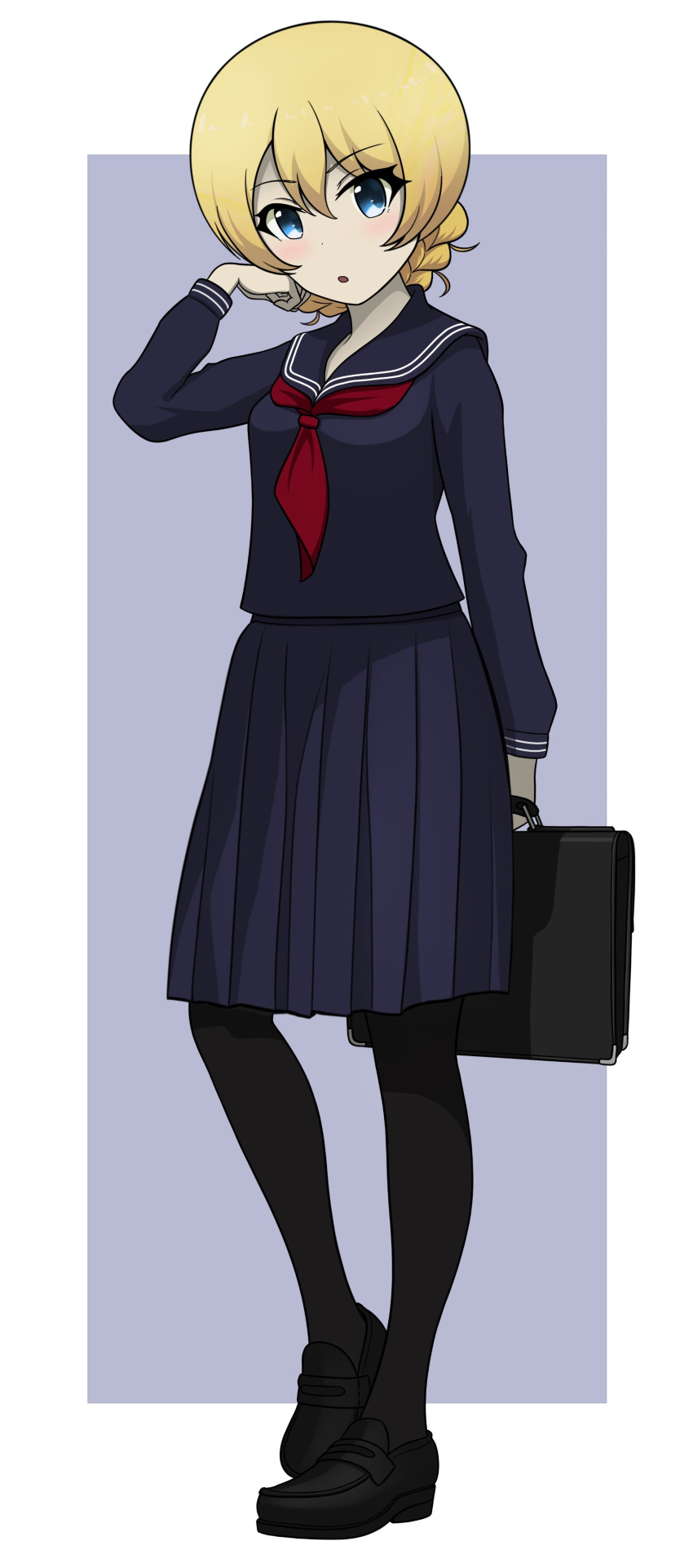1girl, :o, absurdres, alternate_skin_color, bangs, black_footwear, black_legwear, blonde_hair