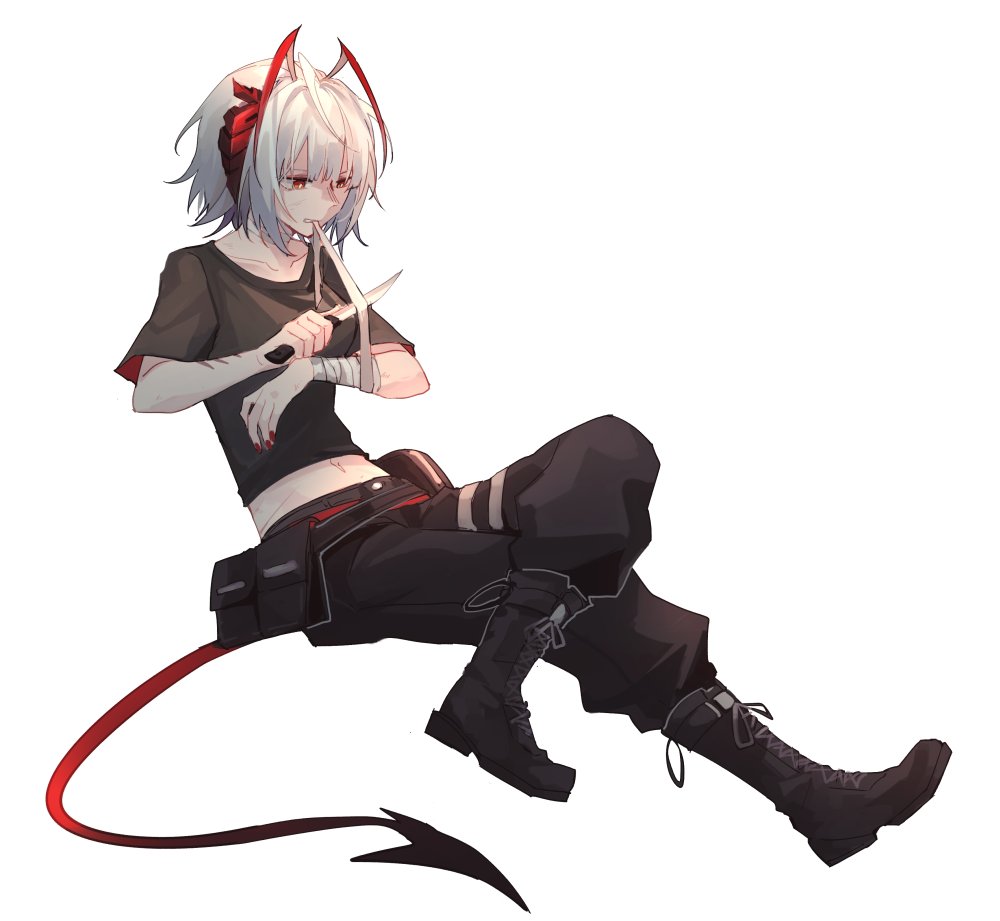 1girl, alternate_costume, antennae, arknights, bandages, bangs, belt, black_belt, black_footwear, black_pants, black_shirt, boots, collarbone, commentary, crop_top, erhuo, full_body, horns, midriff, mouth_hold, nail_polish, navel, pants, pouch, red_eyes, red_nails, shirt, short_hair, short_sleeves, silver_hair, simple_background, solo, tail, w_(arknights), white_background, wrist_wrap