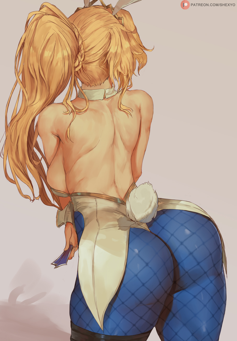 1girl, animal_ears, artoria_pendragon_(all), artoria_pendragon_(swimsuit_ruler)_(fate), ass, back, backboob, bare_shoulders