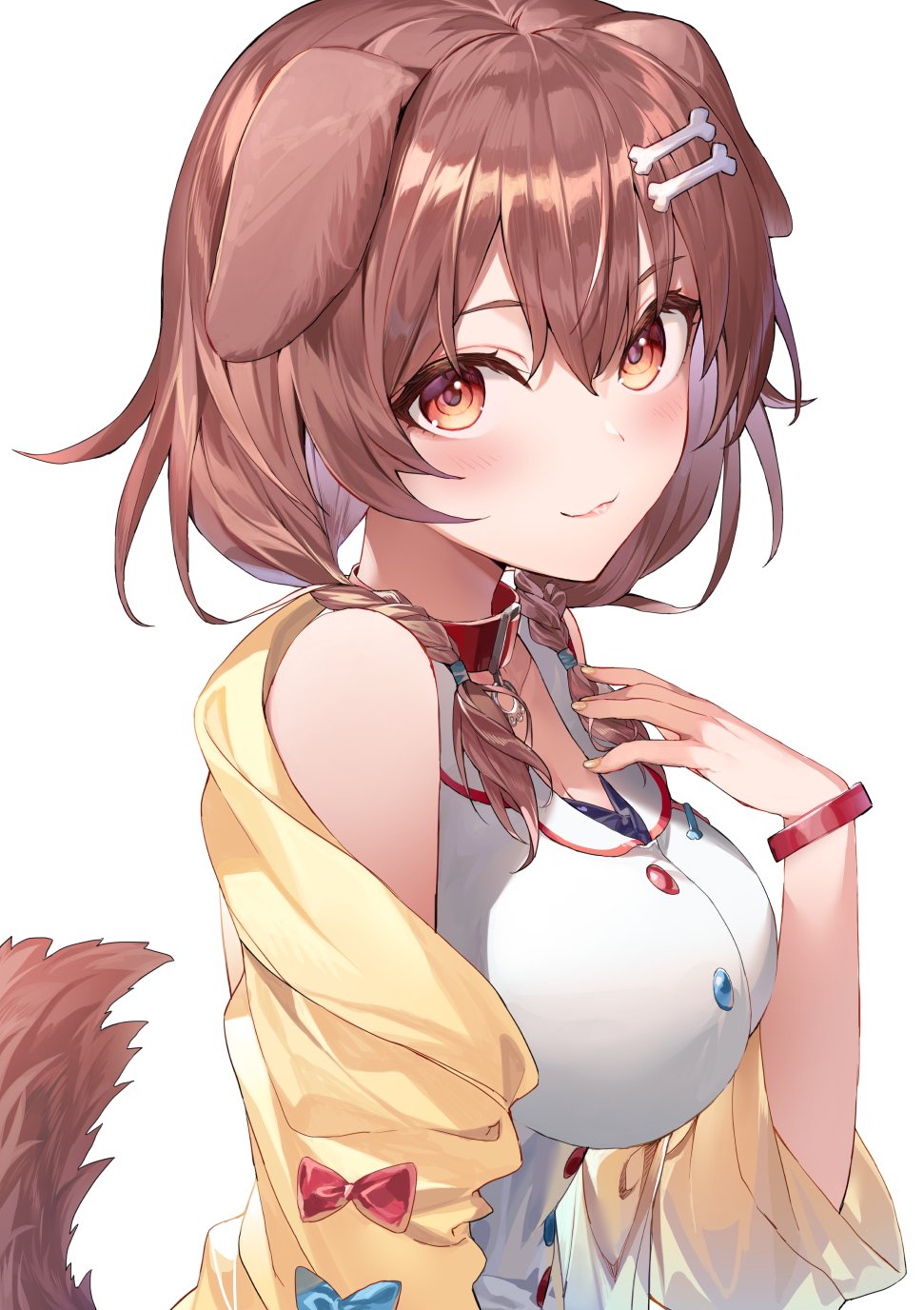 1girl, animal_ears, bangs, bone_hair_ornament, bow, bracelet, braid, breasts