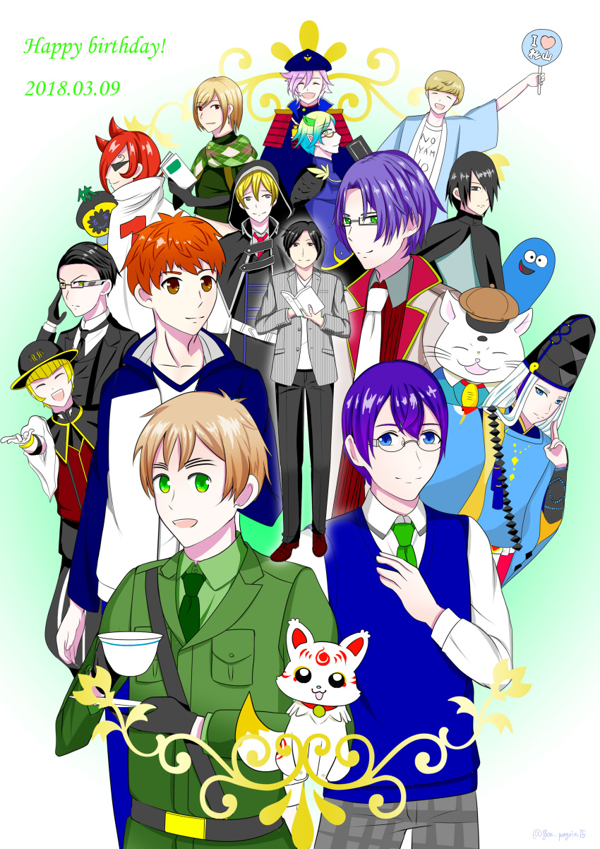 6+boys, absurdres, artist_request, axis_powers_hetalia, black_hair, blonde_hair, blue_eyes, boruto:_naruto_next_generations, boruto:_naruto_the_movie, character_request, closed_eyes, covered_eyes, crossover, emiya_shirou, eyebrows, fate/stay_night, fate_(series), green_eyes, highres, long_hair, male_focus, multiple_boys, naruto, naruto_(series), naruto_shippuuden, necktie, open_mouth, orange_hair, personification, raglan_sleeves, seiyuu_connection, shirt, short_hair, spiky_hair, sugiyama_noriaki, uchiha_sasuke, uniform, united_kingdom_(hetalia), white_shirt, yellow_eyes, you_na96