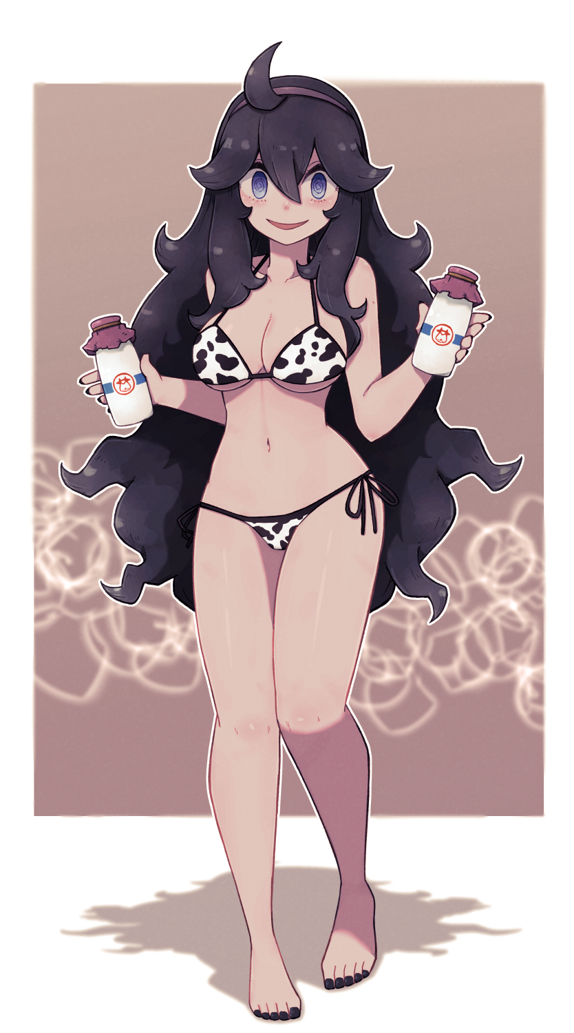 1girl, @_@, animal_print, barefoot, bikini, black_eyes, black_nails, blue_eyes