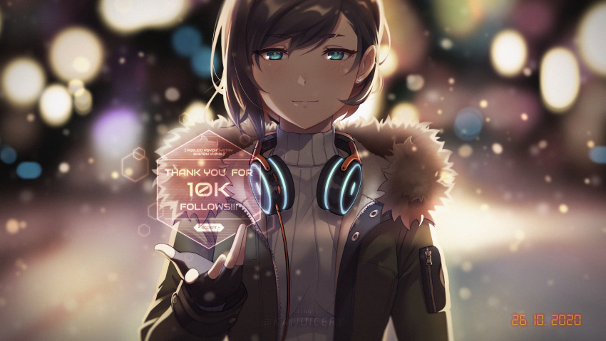 1girl, absurdres, bangs, black_gloves, blue_eyes, blurry, blurry_background, closed_mouth
