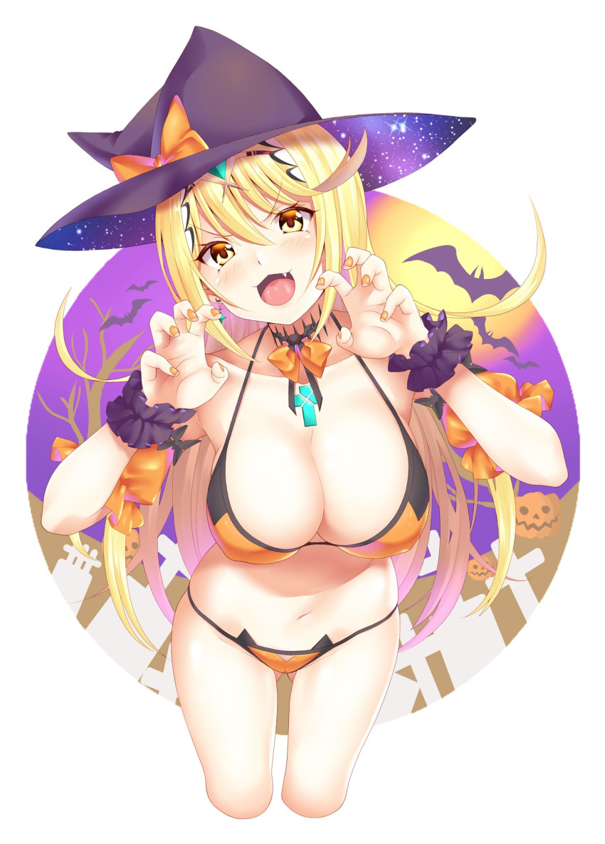 1girl, blonde_hair, breasts, daive, fang, halloween, halloween_costume, hat