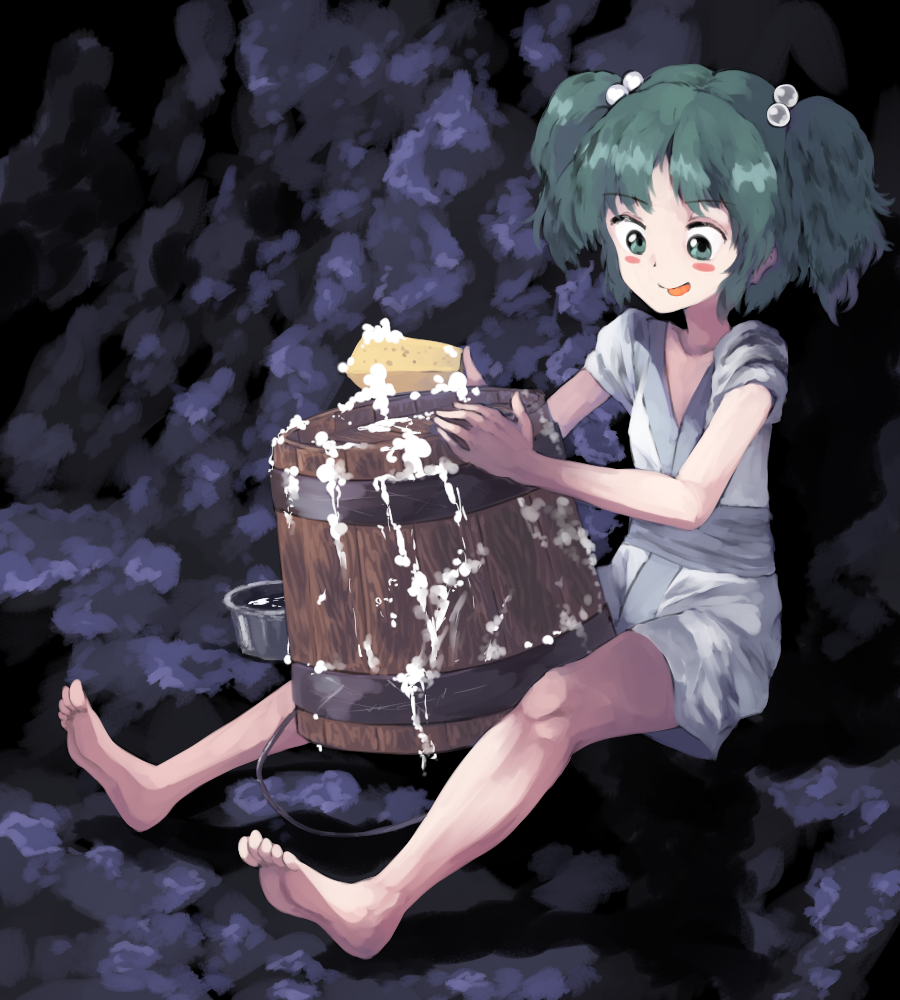 1girl, :p, barefoot, blush_stickers, bucket, cave, commentary_request, green_eyes