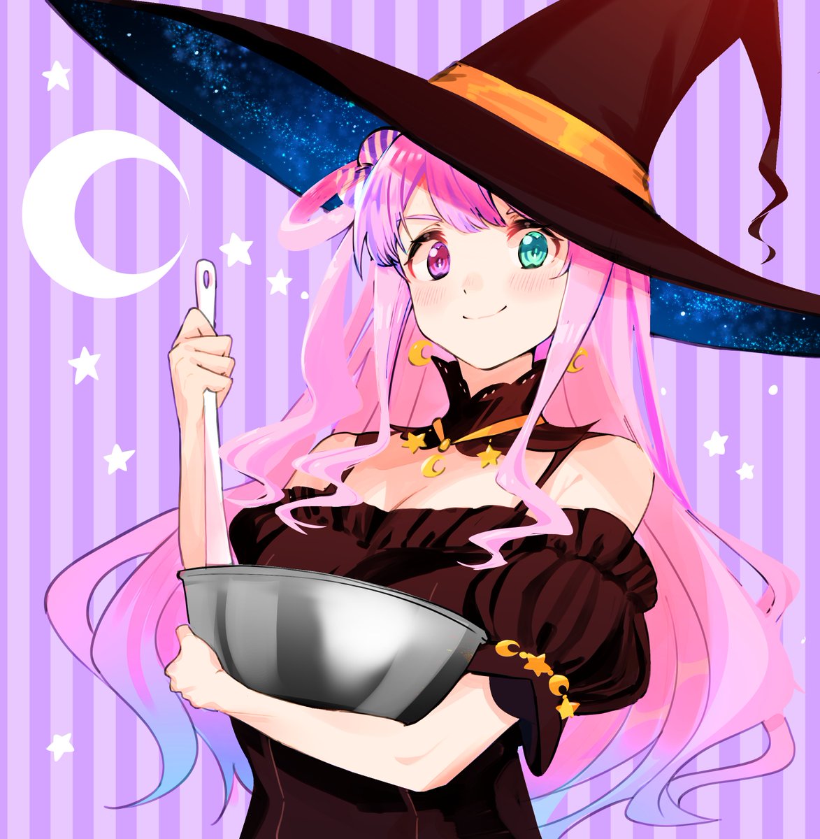 1girl, blue_hair, blush, bowl, colored_tips, commentary_request, crescent, crescent_earrings