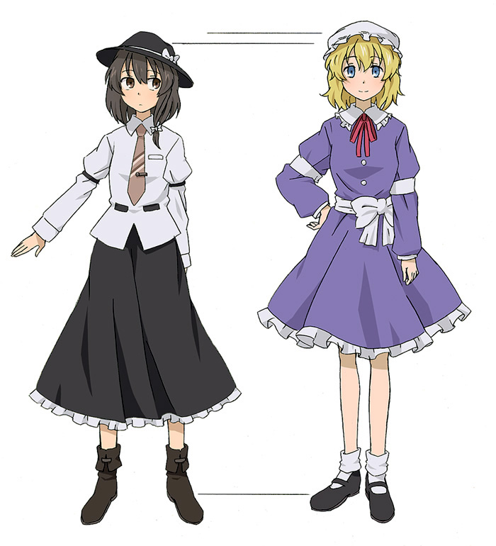 2girls, black_footwear, black_skirt, blonde_hair, blue_eyes, boots, bow, brown_eyes