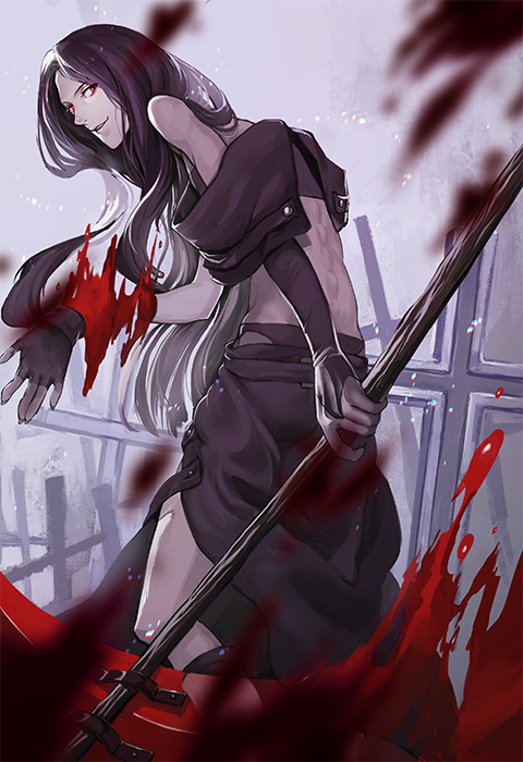 1boy, black_hair, blood, guilty_gear, kyo_niku, long_hair, looking_at_viewer, red_eyes