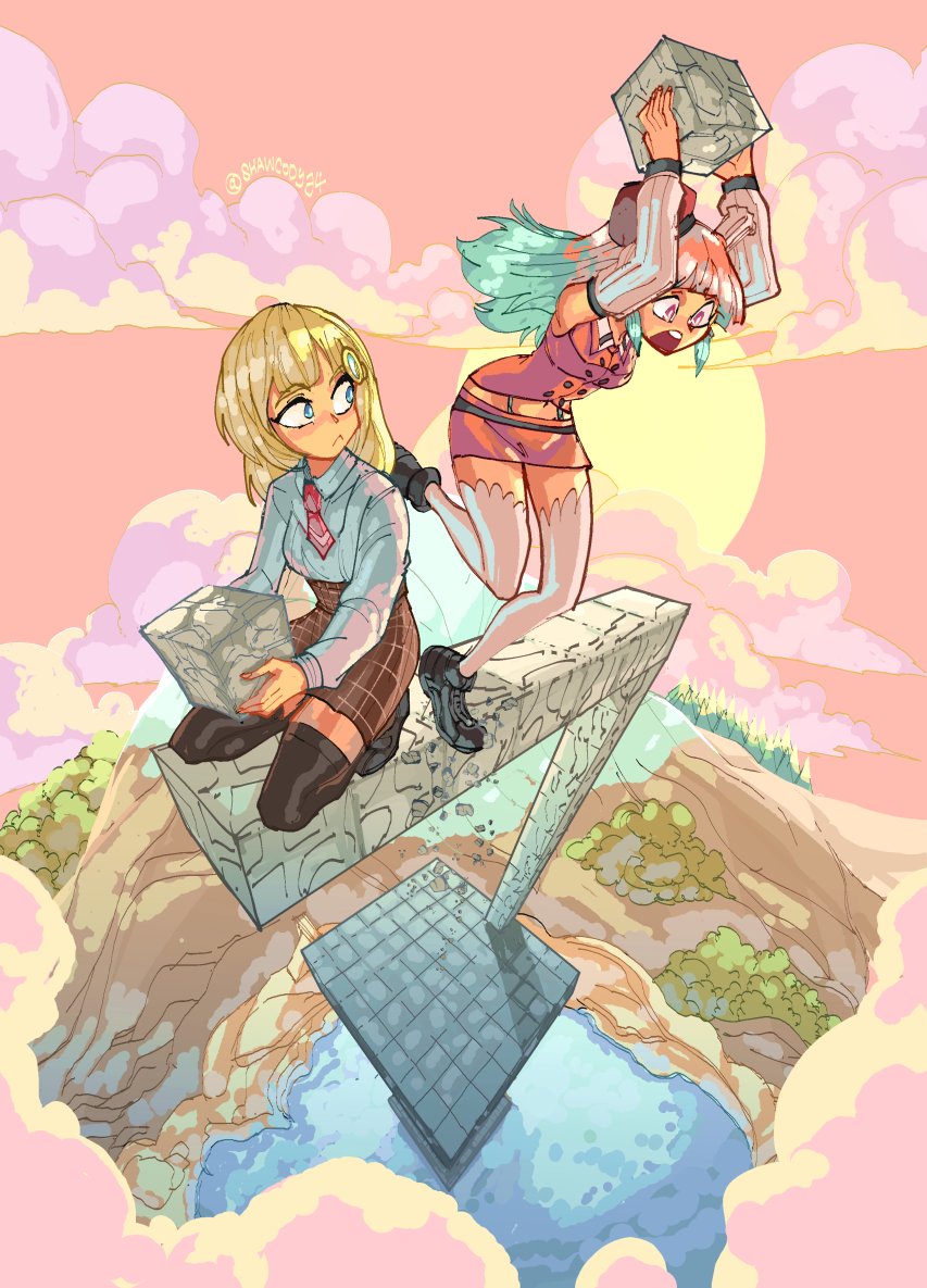 2girls, :<, arms_up, black_footwear, black_legwear, block, blonde_hair, brown_skirt