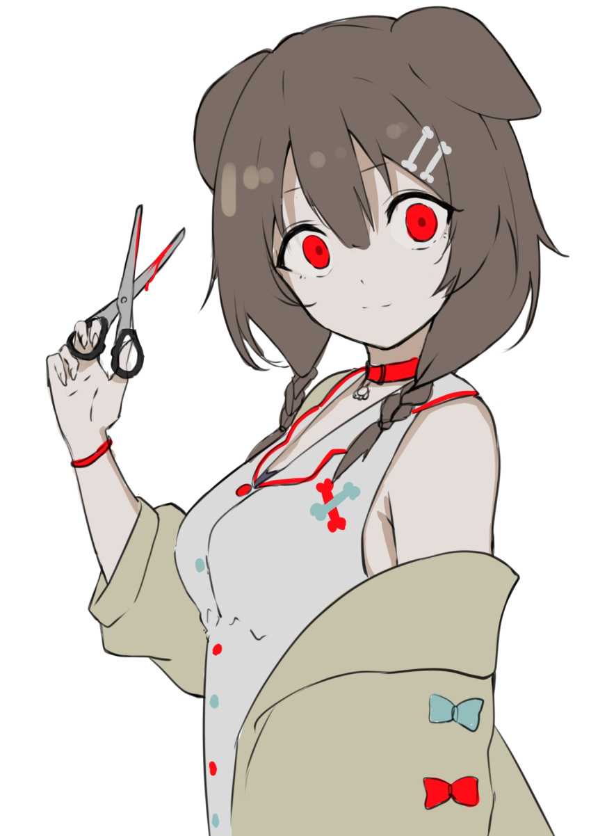 1girl, blood, bloody_scissors, bone_hair_ornament, braid, breasts, brown_hair, choker, closed_mouth, collar, commentary, dress, hair_between_eyes, hair_ornament, highres, holding, holding_scissors, hololive, inugami_korone, jacket, koyori000, light_smile, looking_at_viewer, medium_breasts, medium_hair, off_shoulder, open_clothes, open_jacket, red_choker, red_eyes, scissors, side_braids, simple_background, sleeveless, sleeveless_dress, solo, twin_braids, upper_body, virtual_youtuber, white_background, white_dress, wristband, yellow_jacket