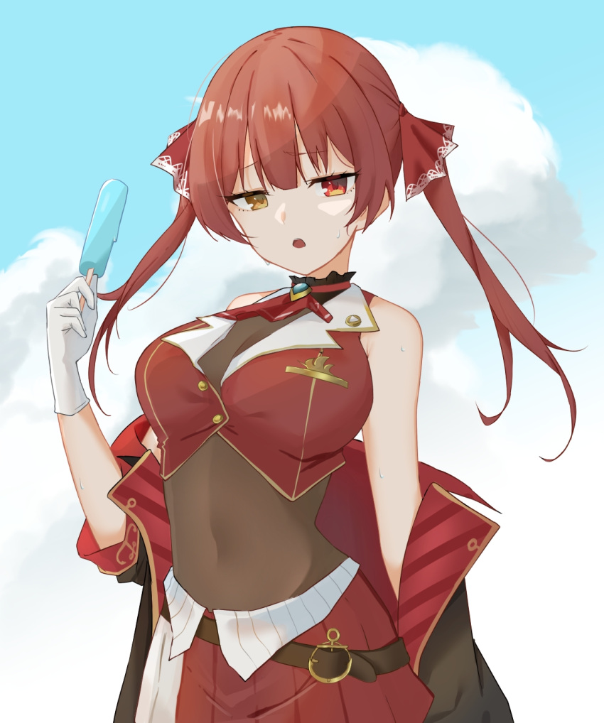 1girl, ascot, belt, black_coat, blue_sky, bodystocking, breasts, brooch