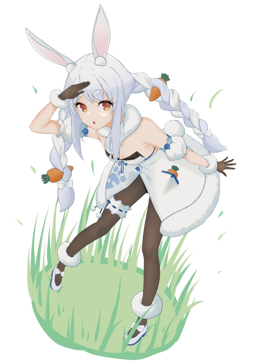 1girl, animal_ear_fluff, animal_ears, ankle_cuffs, arm_cuffs, black_gloves, black_legwear, black_leotard, braid, breasts, carrot_hair_ornament, commentary, don-chan_(usada_pekora), dress, eyebrows_visible_through_hair, food_themed_hair_ornament, full_body, fur-trimmed_dress, fur-trimmed_gloves, fur_scarf, fur_trim, gloves, grass, hair_ornament, hand_to_forehead, highres, hololive, koyori000, leaning_forward, leotard, light_blue_hair, long_hair, looking_at_viewer, multicolored_hair, off-shoulder_dress, off_shoulder, open_mouth, pantyhose, pom_pom_(clothes), rabbit_ears, red_eyes, shoes, simple_background, small_breasts, solo, standing, symbol-shaped_pupils, thick_eyebrows, thigh_strap, twin_braids, twintails, two-tone_hair, usada_pekora, virtual_youtuber, white_background, white_dress, white_footwear, white_hair