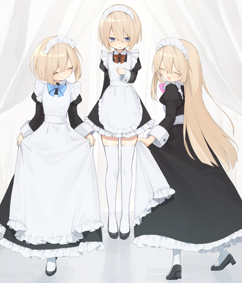 3girls, absurdres, alternate_costume, apron, arms_behind_back, black_dress, black_footwear, blanc