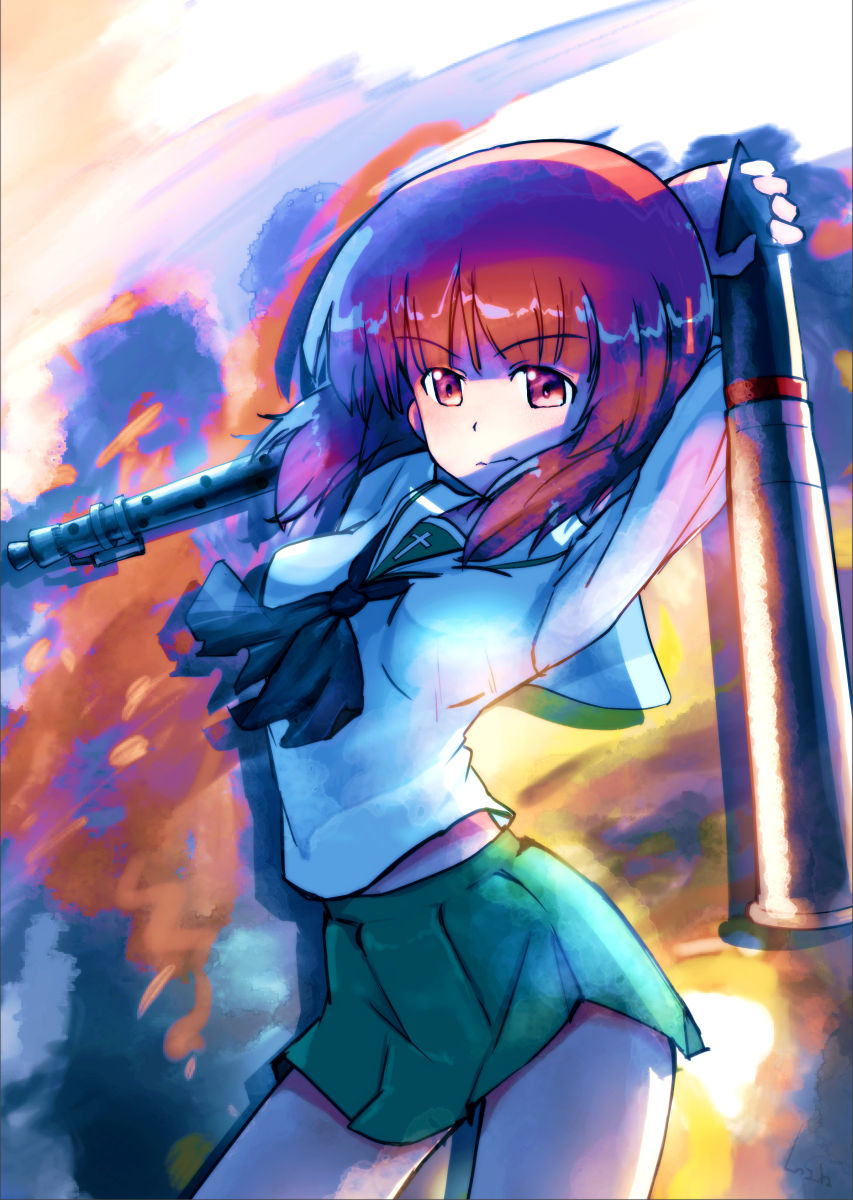 1girl, arms_behind_head, arms_up, bangs, black_neckwear, blouse, brown_eyes, brown_hair