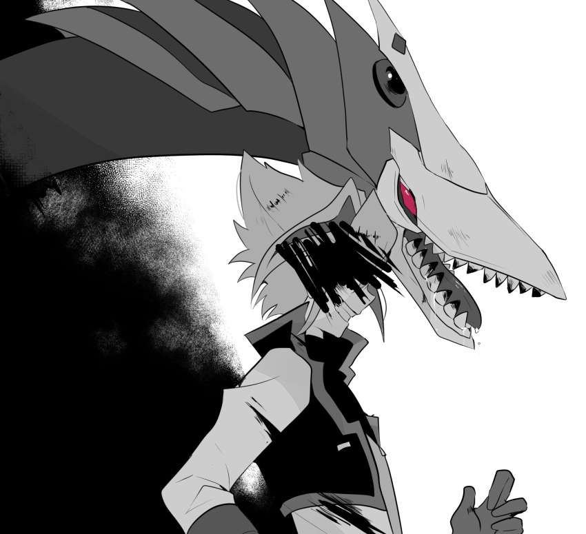 blood, bloody_teeth, covered_eyes, dragon, evil_grin, evil_smile, gloves, grin, highres, jacket, monochrome, multicolored_hair, odd-eyes_dragon, red_eyes, saliva, scribble, smile, spot_color, tasutekete, teeth, tongue, two-tone_hair, yu-gi-oh!, yu-gi-oh!_arc-v, zarc