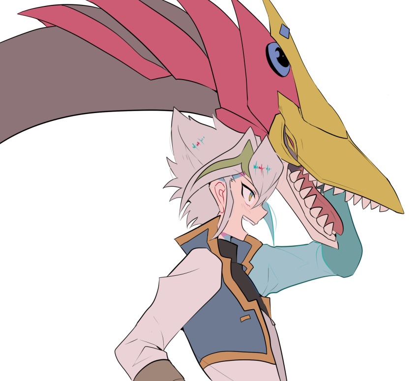1boy, dragon, gradient_eyes, grey_hair, hair_between_eyes, highres, jacket, looking_to_the_side, multicolored, multicolored_eyes, multicolored_hair, odd-eyes_dragon, sharp_teeth, spiky_hair, tasutekete, teeth, tongue, two-tone_hair, white_background, yu-gi-oh!, yu-gi-oh!_arc-v, zarc