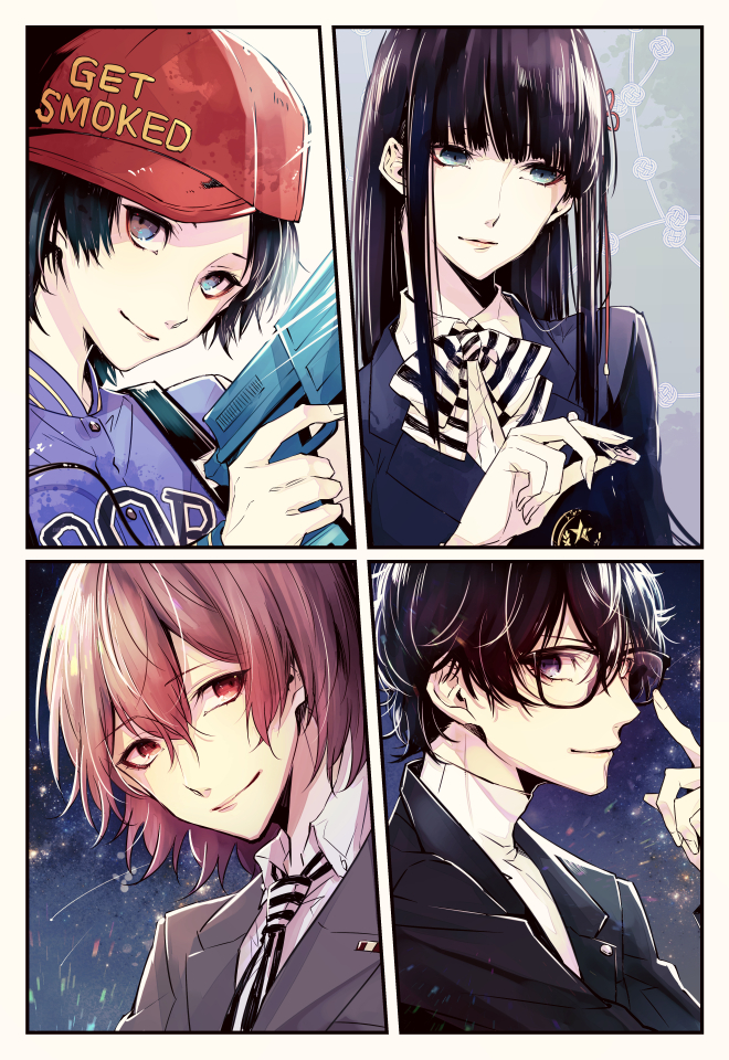 1girl, 3boys, akechi_gorou, amamiya_ren, bangs, black_hair, blue_eyes, brown_eyes