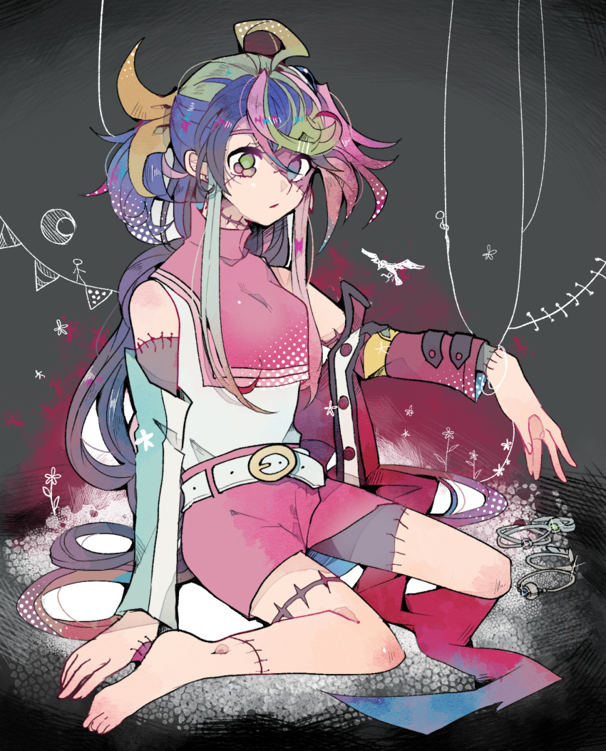 1girl, barefoot, belt, body_horror, bracelet_girls, detached_sleeves, highres, hiiragi_yuzu