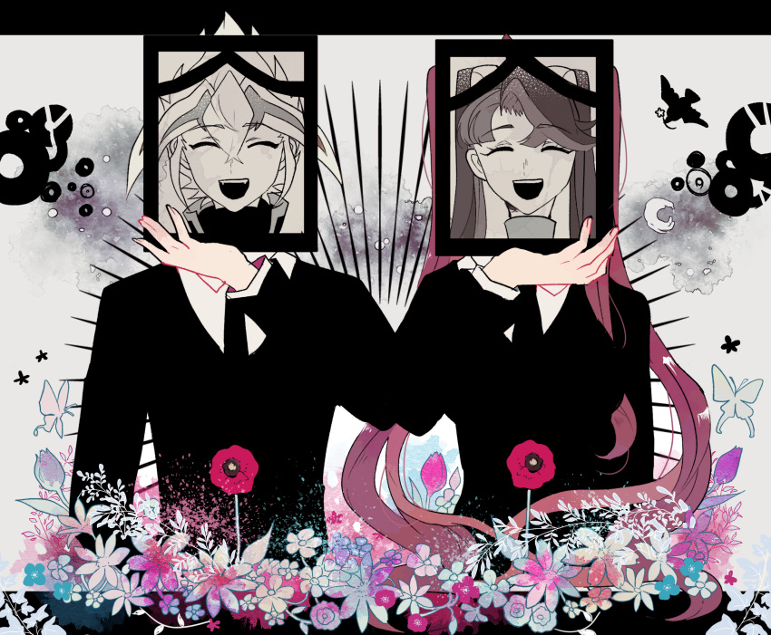 1boy, 1girl, ^_^, ^o^, bug, butterfly, closed_eyes, eyebrows_visible_through_hair, flower, formal, hair_between_eyes, highres, holding, iei, insect, long_hair, necktie, photo_(object), picture_frame, ray_(yuu-gi-ou_arc-v), smile, suit, surreal, tasutekete, twintails, very_long_hair, what, yu-gi-oh!, yu-gi-oh!_arc-v, zarc