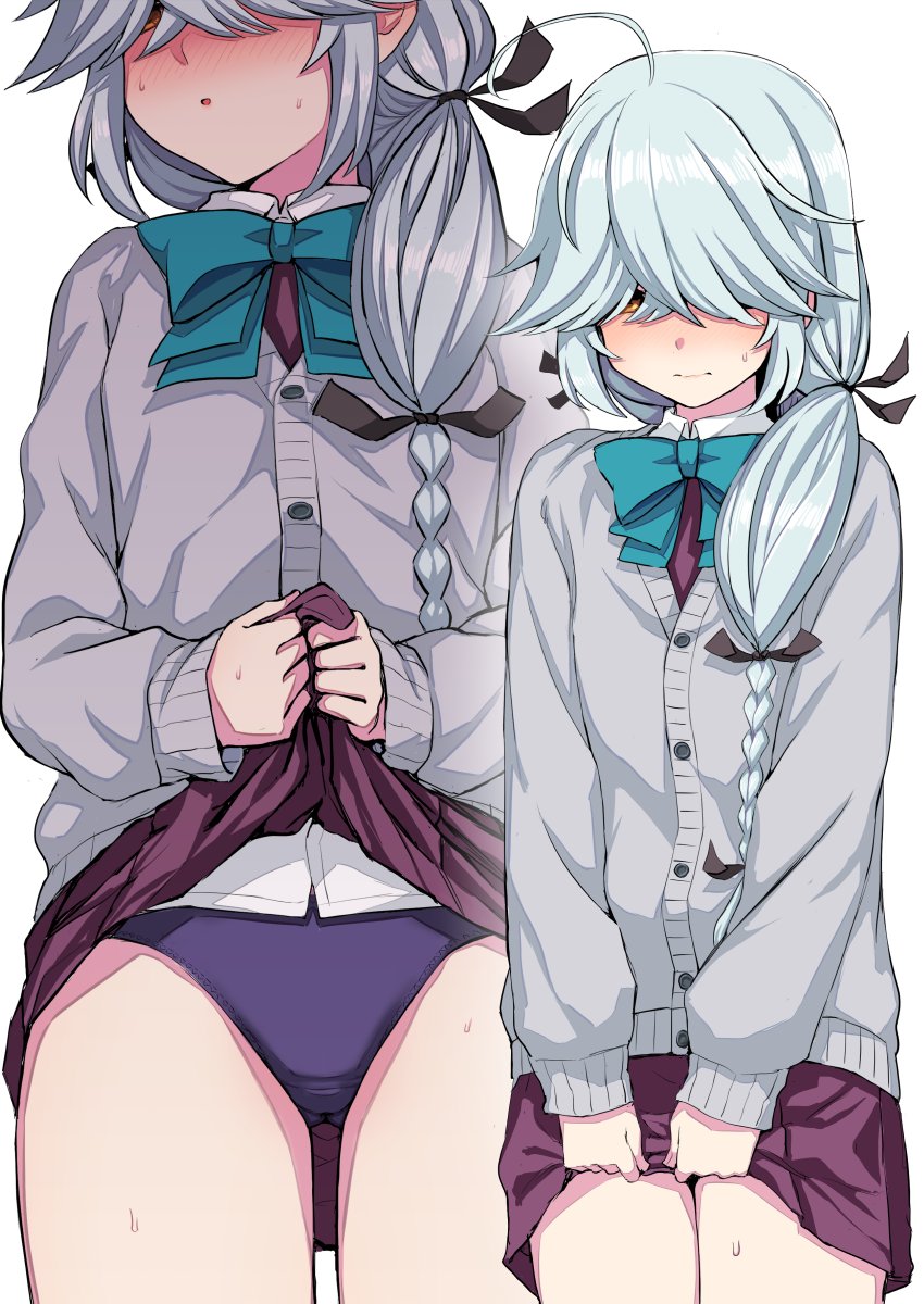 1girl, ahoge, bangs, blue_neckwear, blush, bow, bowtie, braid