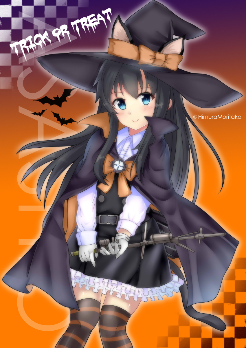 1girl, absurdres, animal_ears, asashio_(kantai_collection), black_dress, black_hair, black_headwear, black_legwear