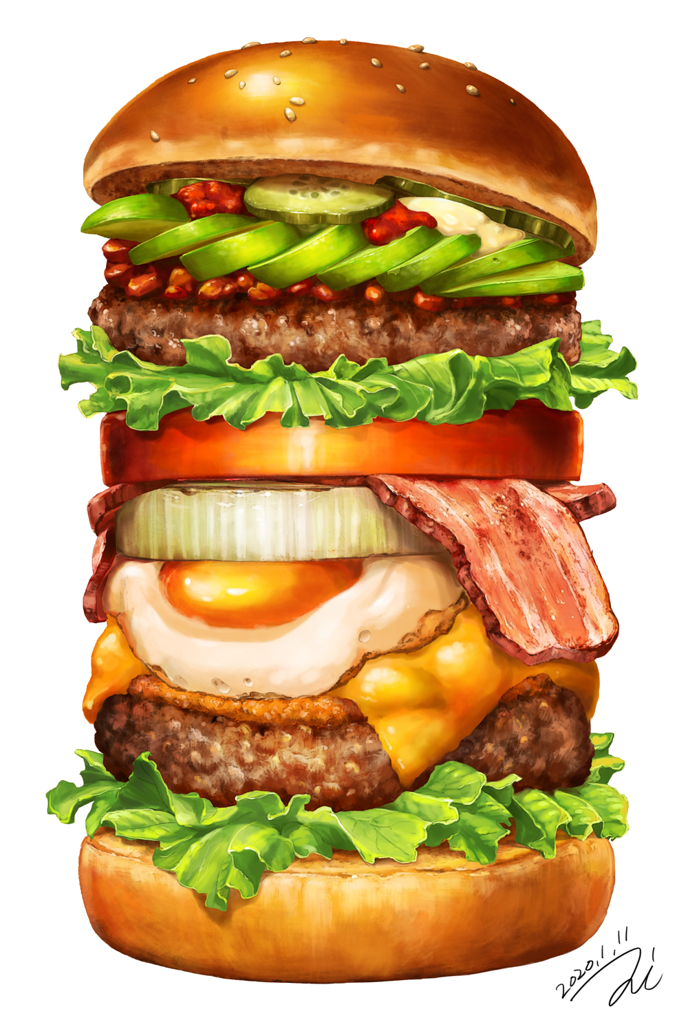 bacon, cheese, commentary, cucumber_slice, dated, food, fried_egg, hamburger