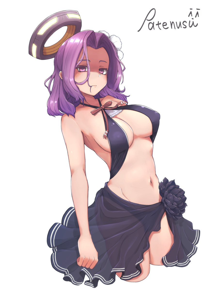 1girl, bangs, bikini, black_swimsuit, breasts, covered_nipples, cropped_legs, flower