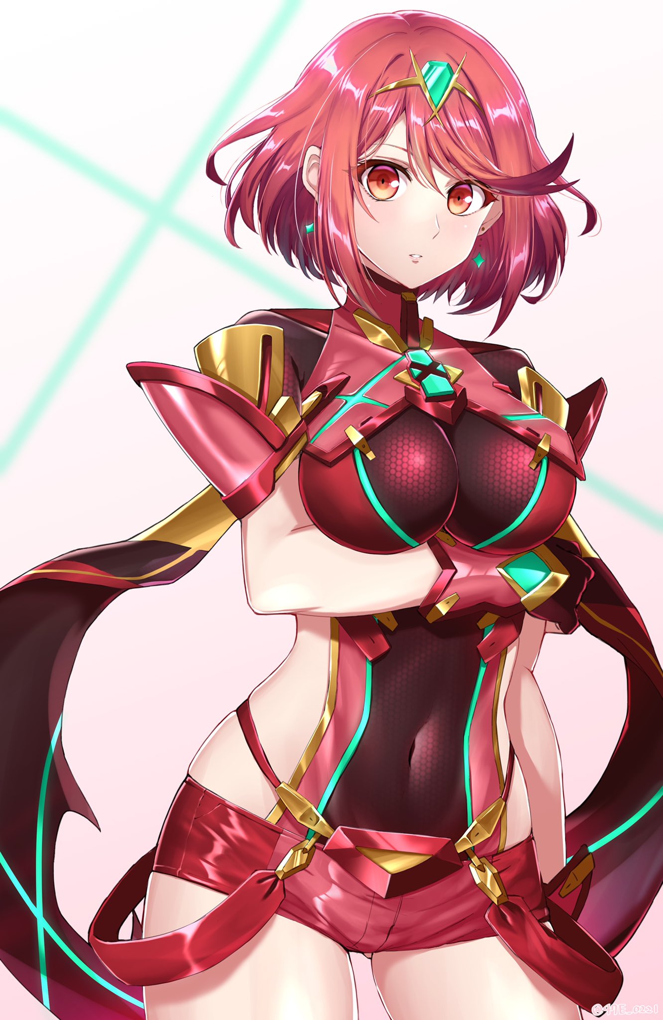 1girl, bangs, black_gloves, breasts, chest_jewel, covered_navel, cowboy_shot, earrings