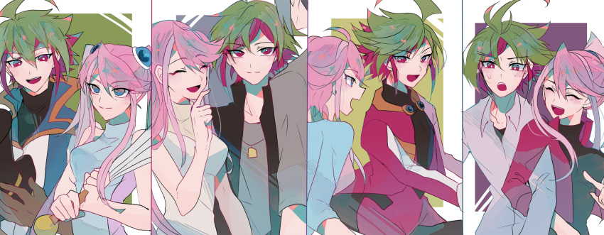 1girl, 2boys, closed_eyes, dress_shirt, eyebrows_visible_through_hair, fan, gradient_eyes, hair_between_eyes