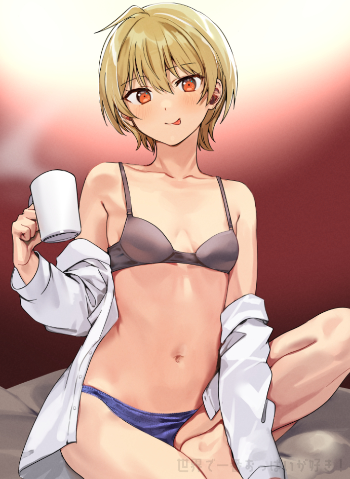 1girl, bare_shoulders, blonde_hair, blue_panties, bra, breasts, collarbone, cup