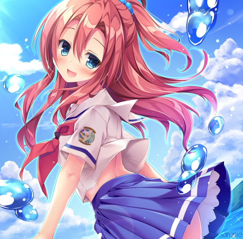 1girl, back, blue_eyes, blue_skirt, blush, clouds, cowboy_shot, day