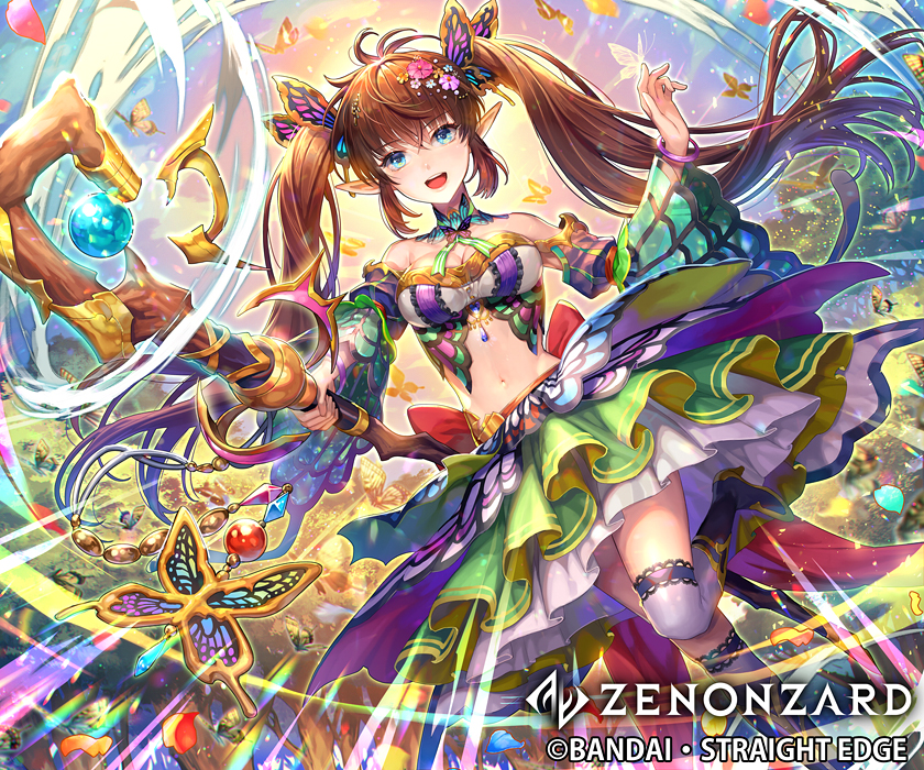 1girl, :d, black_footwear, blue_eyes, breasts, bug, butterfly, butterfly_hair_ornament