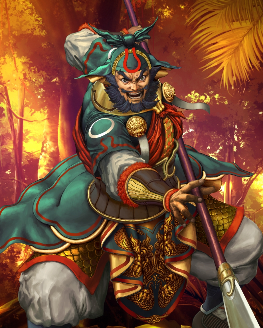 1boy, beard, facial_hair, green_headwear, holding, holding_spear, holding_weapon, kuniyasu_ikki
