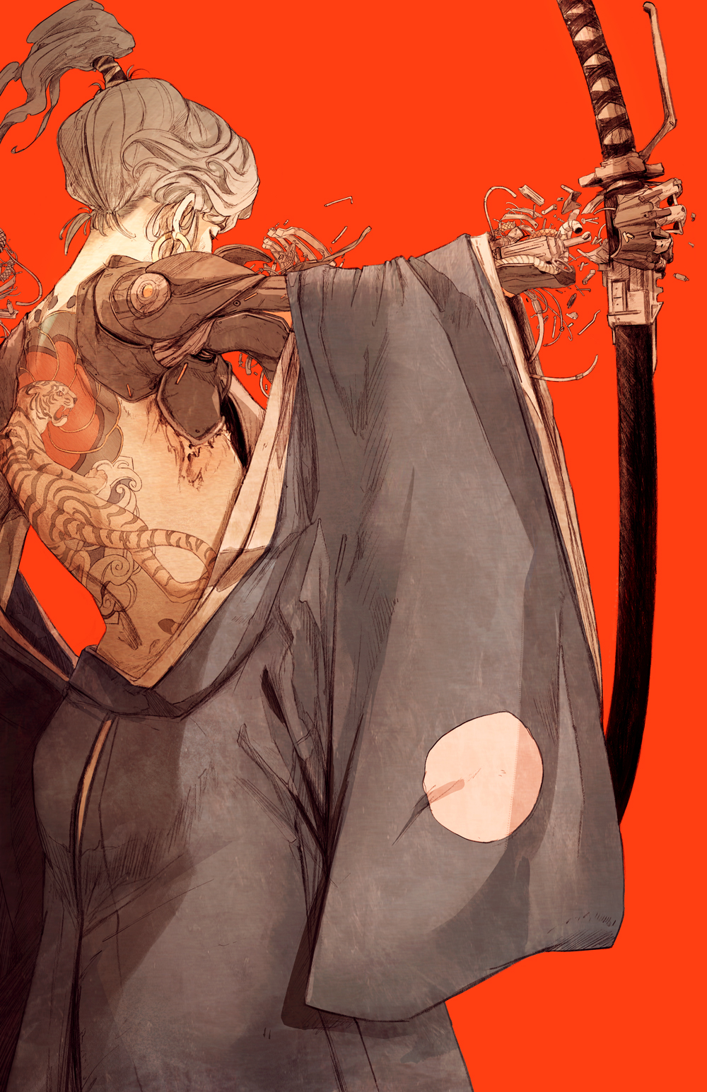 1girl, back, back_tattoo, bow, broken, broken_arm, chun_lo, cowboy_shot, cyberpunk, cyborg, earrings, from_behind, hair_ornament, hair_tie, hand_up, high_ponytail, highres, holding, holding_sword, holding_weapon, hoop_earrings, japanese_clothes, jewelry, katana, kimono, long_sleeves, mechanical_arm, nape, original, red_bow, ronin, samurai, scabbard, sheath, sheathed, shoulder_blades, simple_background, solo, sword, tattoo, tiger, tiger_tattoo, weapon, wide_sleeves