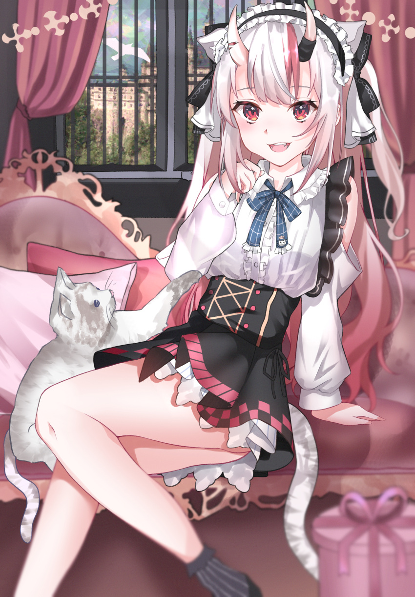 1girl, absurdres, animal_ears, bangs, black_skirt, cat, cat_ears, cat_tail, commentary_request, cray, curtains, eyebrows_visible_through_hair, fake_animal_ears, gradient_hair, headdress, highres, hololive, horns, huge_filesize, indoors, knee_up, layered_skirt, long_sleeves, looking_at_viewer, multicolored_hair, nakiri_ayame, oni_horns, pillow, redhead, shirt, sidelocks, silver_hair, sitting, skirt, tail, virtual_youtuber, white_shirt, window