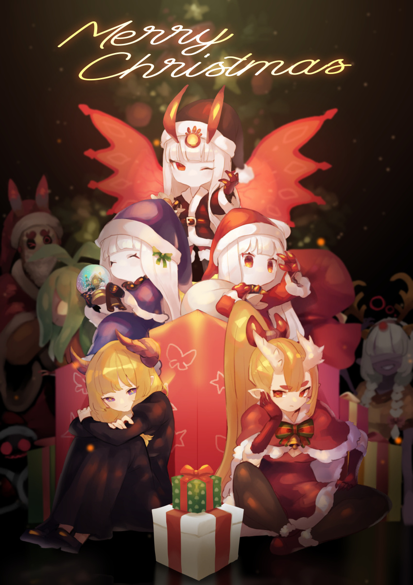 1boy, 6+girls, absurdres, bandages, bandages_over_eyes, belt, black_dress, blonde_hair