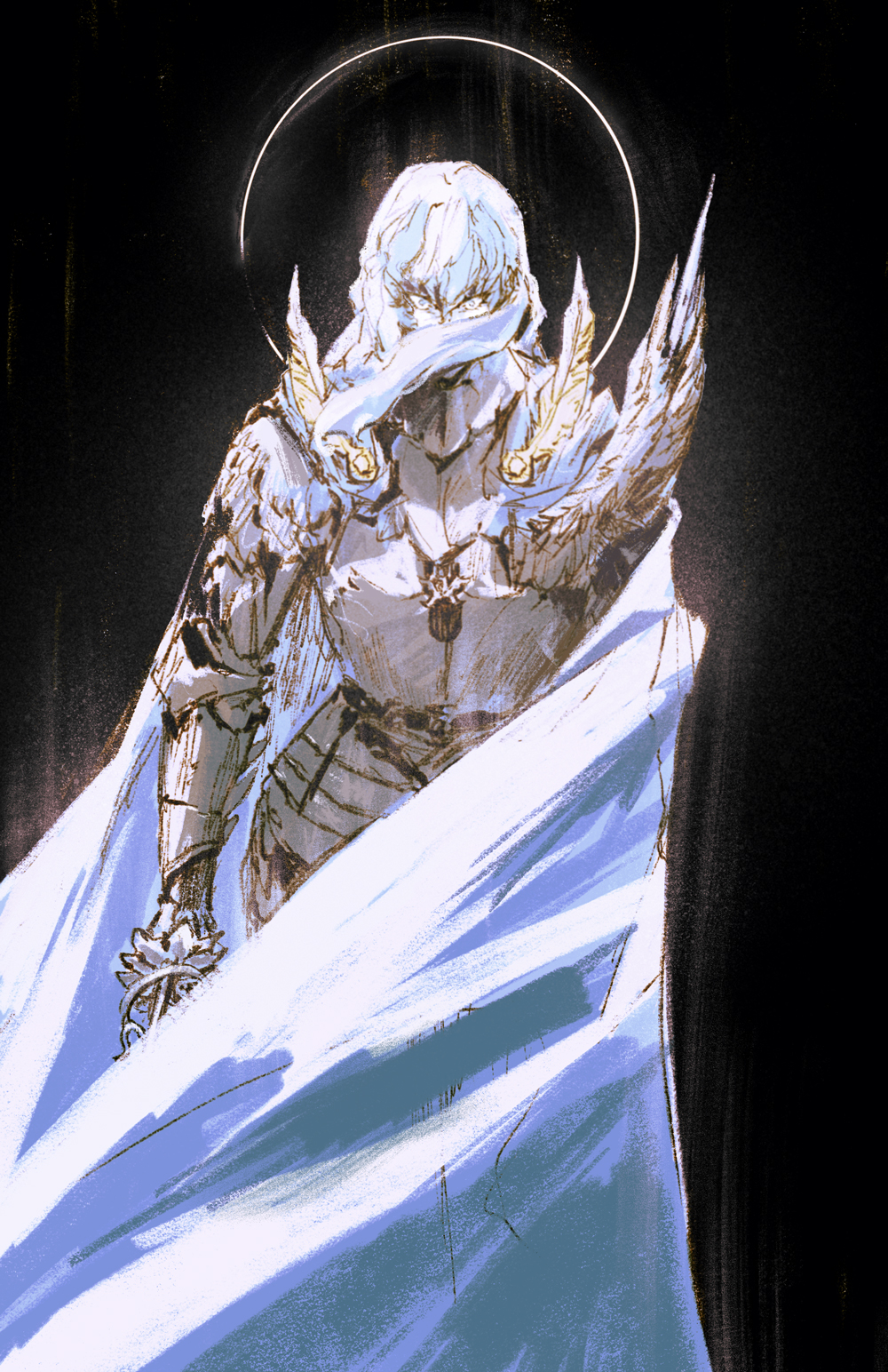 1boy, armor, berserk, black_background, blue_eyes, blue_hair, breastplate, cape